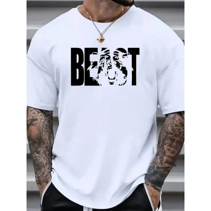Baskılı Oversize Bisiklet Yaka T-shirt - Beyaz