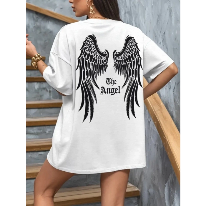 Baskılı Oversize Bisiklet Yaka T-shirt - Beyaz