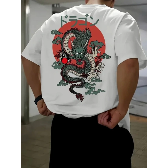 Baskılı Oversize Bisiklet Yaka T-shirt - Beyaz