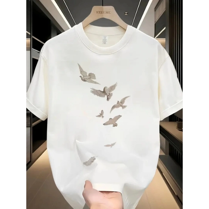 Baskılı Oversize Bisiklet Yaka T-shirt - Beyaz