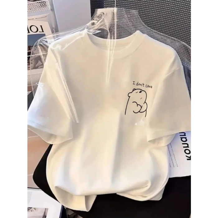 Baskılı Oversize Bisiklet Yaka T-shirt - Beyaz