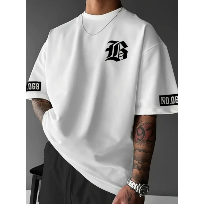 Baskılı Oversize Bisiklet Yaka T-shirt - Beyaz