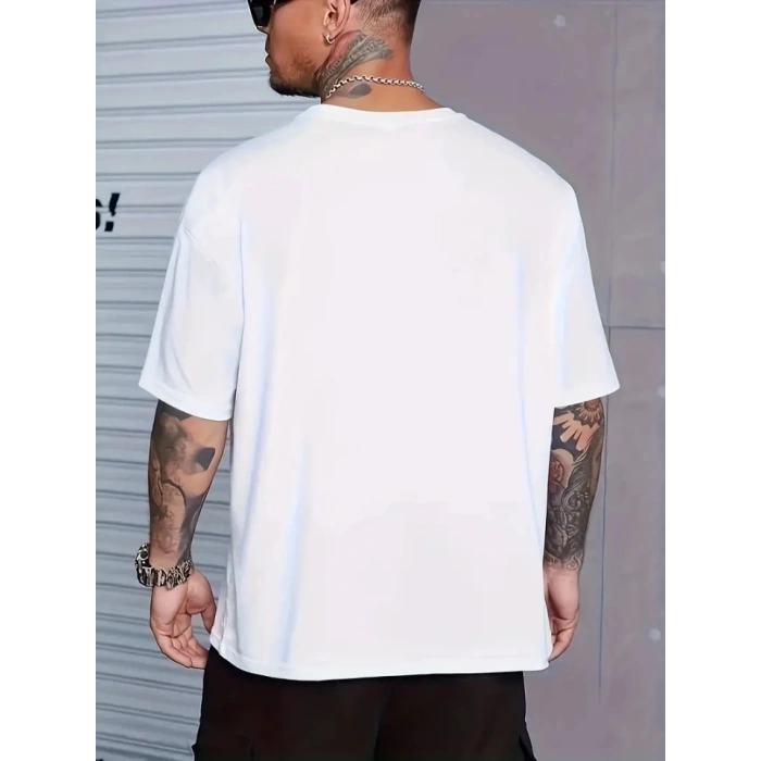 Baskılı Oversize Bisiklet Yaka T-shirt - Beyaz