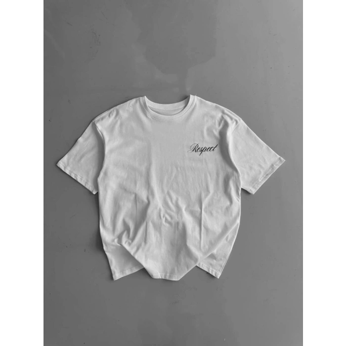 Baskılı Oversize Bisiklet Yaka T-shirt - Beyaz