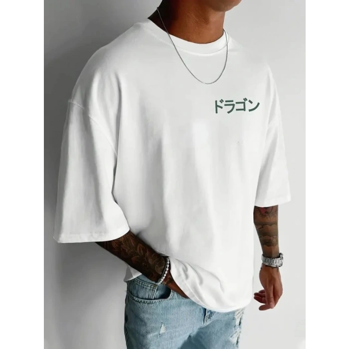 Baskılı Oversize Bisiklet Yaka T-shirt - Beyaz