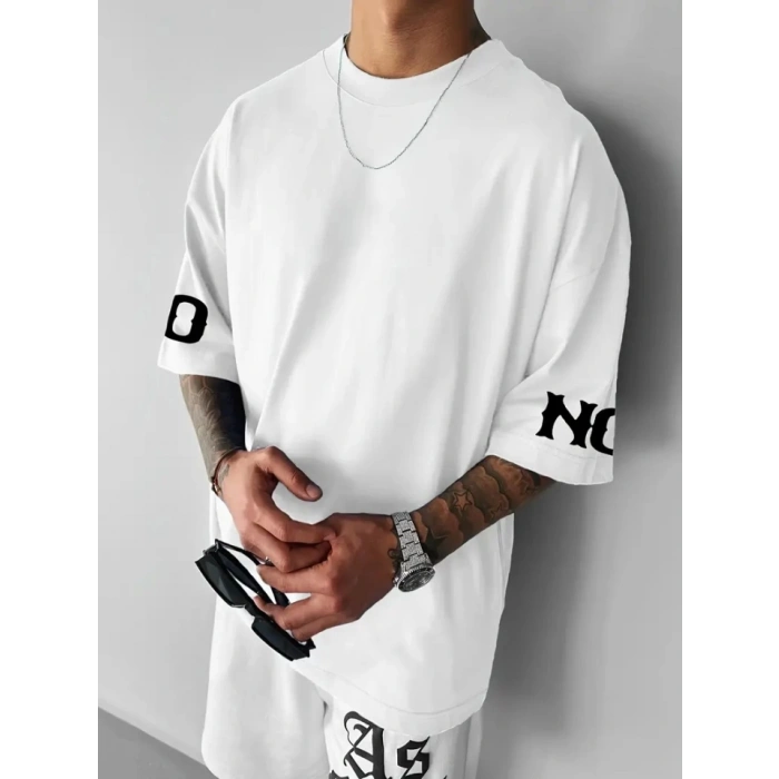 Baskılı Oversize Bisiklet Yaka T-shirt - Beyaz