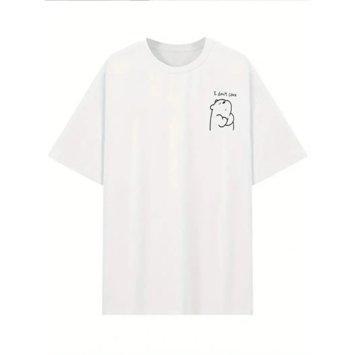 Baskılı Oversize Bisiklet Yaka T-shirt - Beyaz