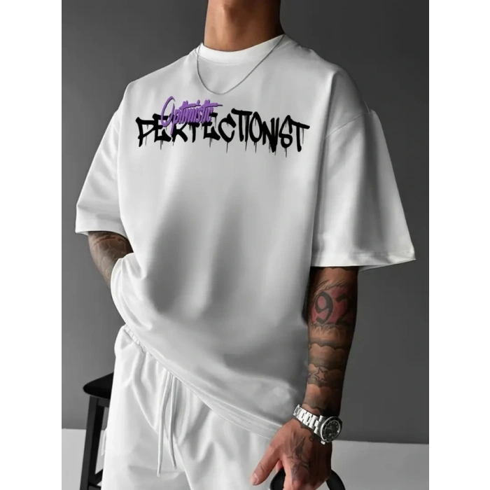 Baskılı Oversize Bisiklet Yaka T-shirt - Beyaz
