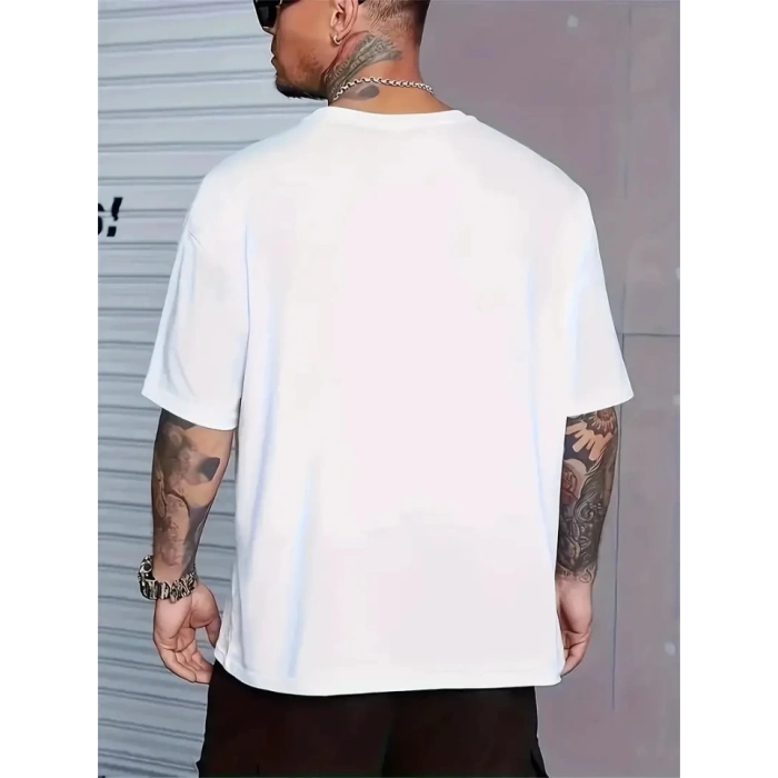 Baskılı Oversize Bisiklet Yaka T-shirt - Beyaz