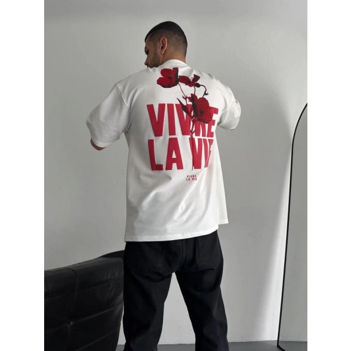 Baskılı Oversize Bisiklet Yaka T-shirt - Beyaz