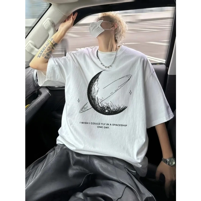 Baskılı Oversize Bisiklet Yaka T-shirt - Beyaz