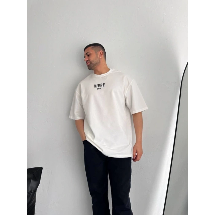 Baskılı Oversize Bisiklet Yaka T-shirt - Beyaz