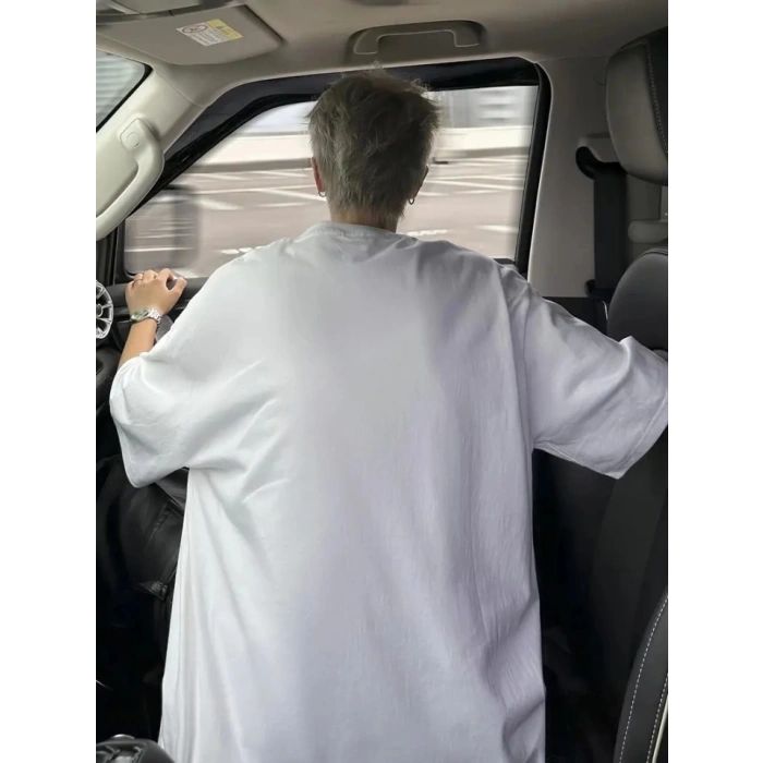 Baskılı Oversize Bisiklet Yaka T-shirt - Beyaz