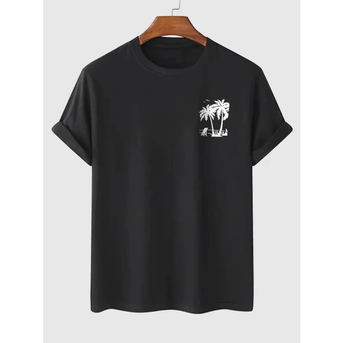 Baskılı Oversize Bisiklet Yaka T-shirt - Siyah