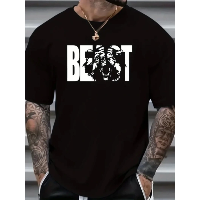 Baskılı Oversize Bisiklet Yaka T-shirt - Siyah