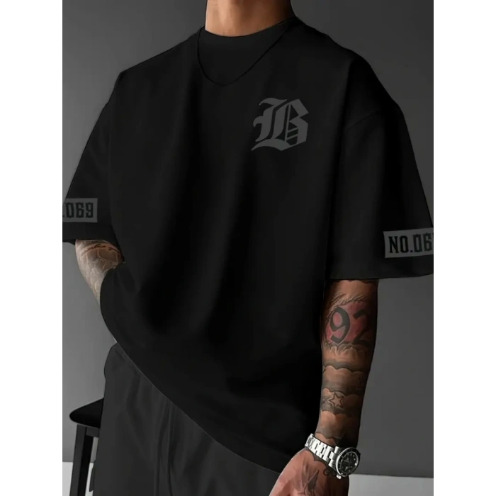 Baskılı Oversize Bisiklet Yaka T-shirt - Siyah