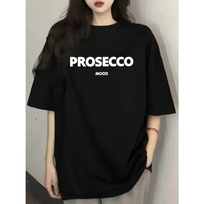 Baskılı Oversize Bisiklet Yaka T-shirt - Siyah