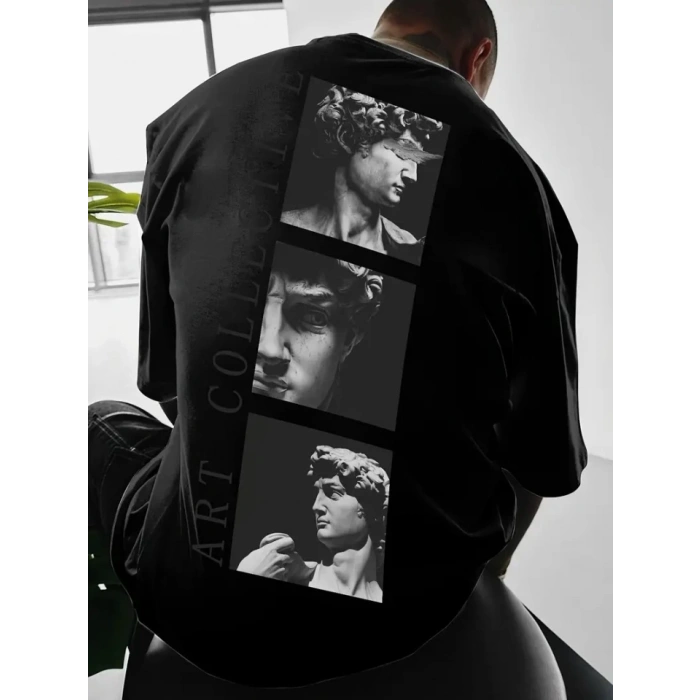 Baskılı Oversize Bisiklet Yaka T-shirt - Siyah