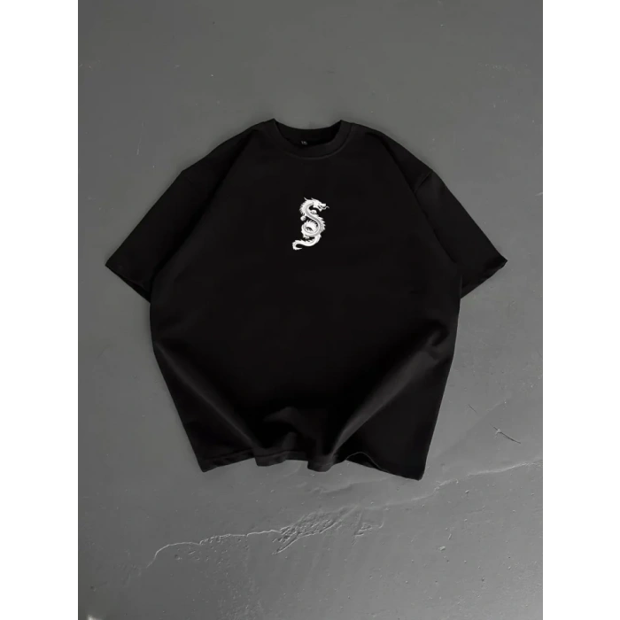 Baskılı Oversize Bisiklet Yaka T-shirt - Siyah