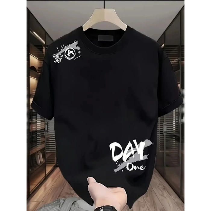 Baskılı Oversize Bisiklet Yaka T-shirt - Siyah