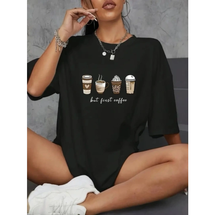 Baskılı Oversize Bisiklet Yaka T-shirt - Siyah