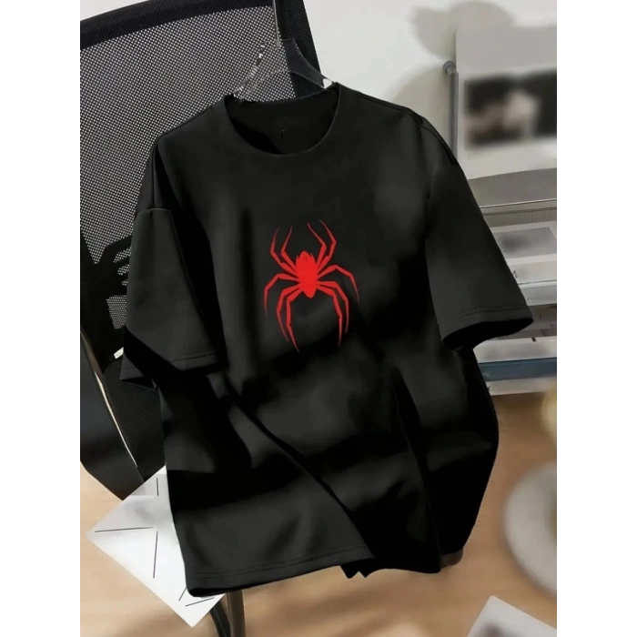 Baskılı Oversize Bisiklet Yaka T-shirt - Siyah