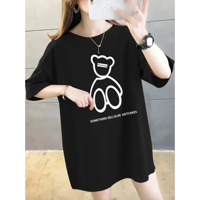 Baskılı Oversize Bisiklet Yaka T-shirt - Siyah