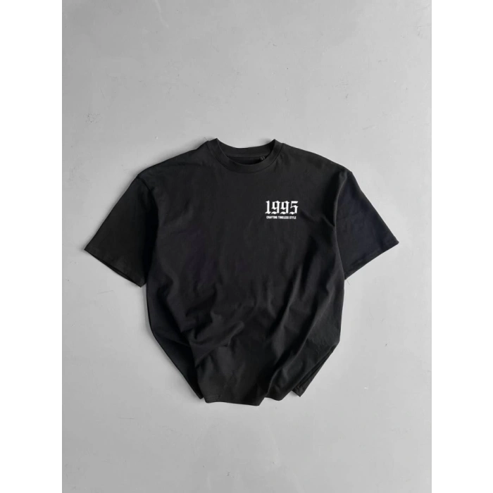 Baskılı Oversize Bisiklet Yaka T-shirt - Siyah