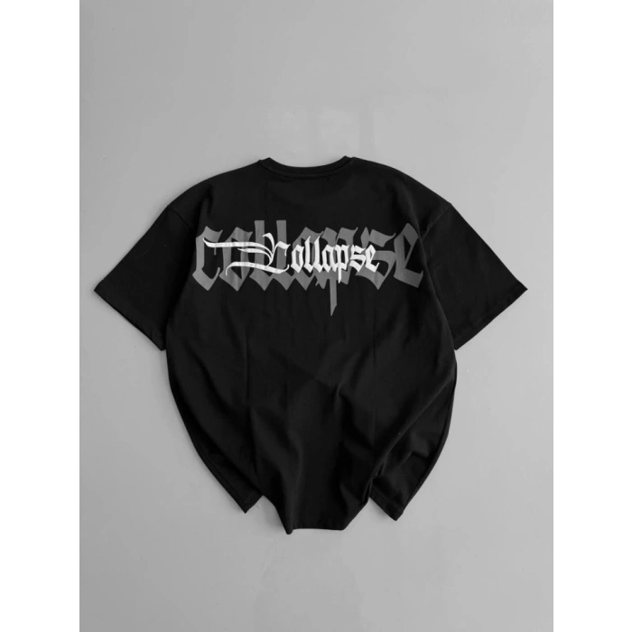 Baskılı Oversize Bisiklet Yaka T-shirt - Siyah