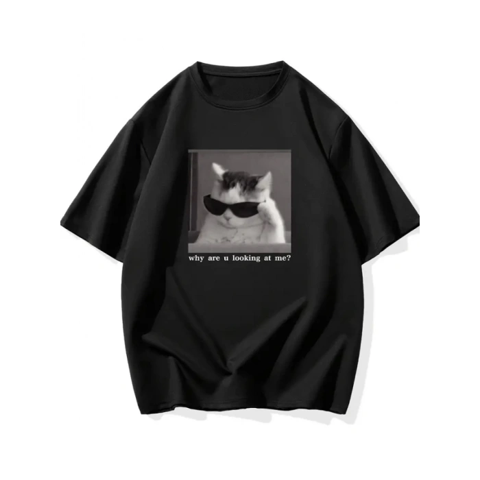 Baskılı Oversize Bisiklet Yaka T-shirt - Siyah