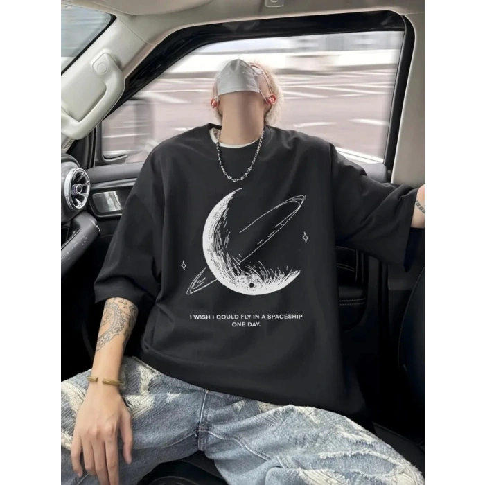 Baskılı Oversize Bisiklet Yaka T-shirt - Siyah