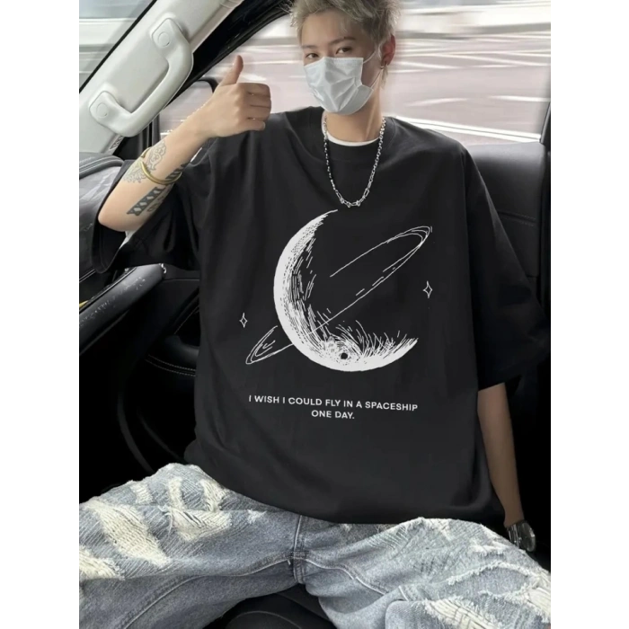Baskılı Oversize Bisiklet Yaka T-shirt - Siyah