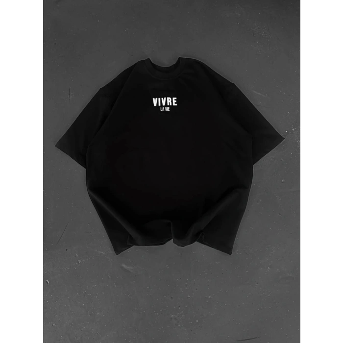 Baskılı Oversize Bisiklet Yaka T-shirt - Siyah