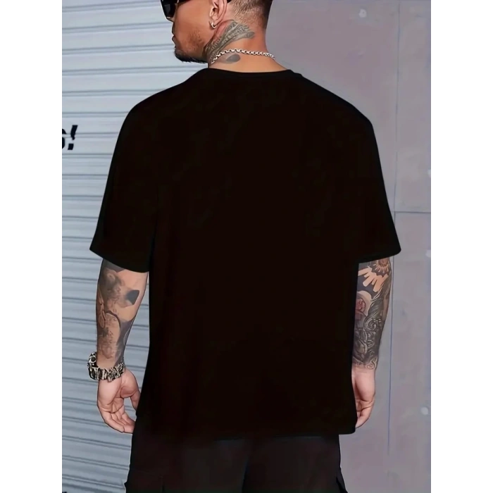 Baskılı Oversize Bisiklet Yaka T-shirt - Siyah