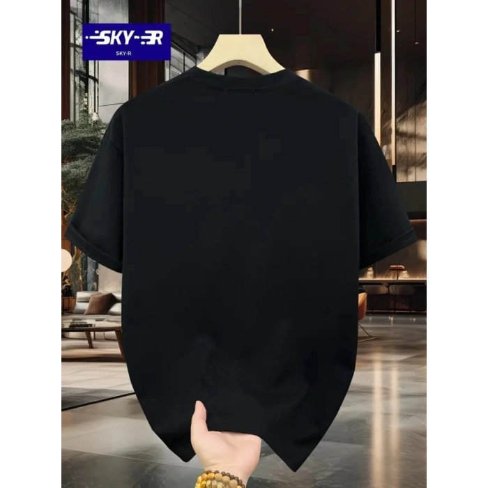 Baskılı Oversize Bisiklet Yaka T-shirt - Siyah