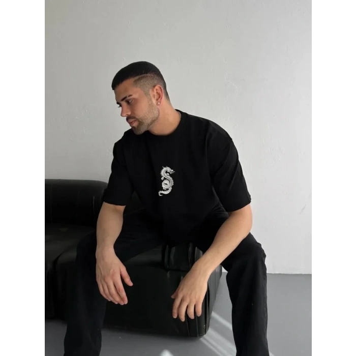 Baskılı Oversize Bisiklet Yaka T-shirt - Siyah