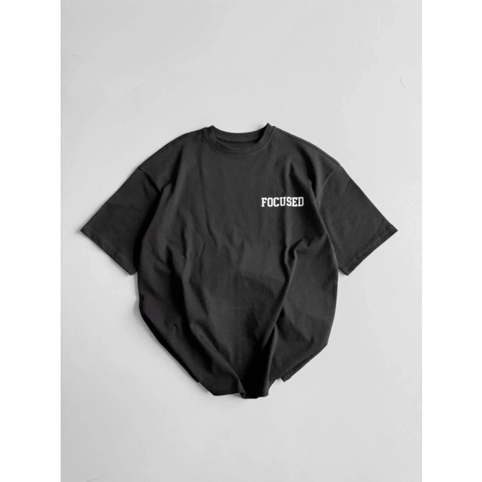 Baskılı Oversize Bisiklet Yaka T-shirt - Siyah