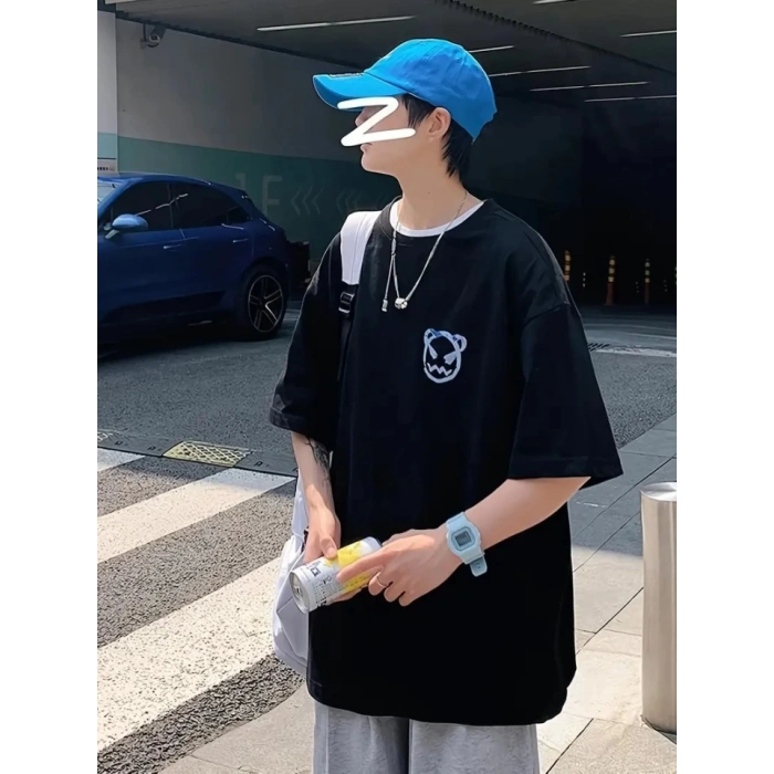 Baskılı Oversize Bisiklet Yaka T-shirt - Siyah