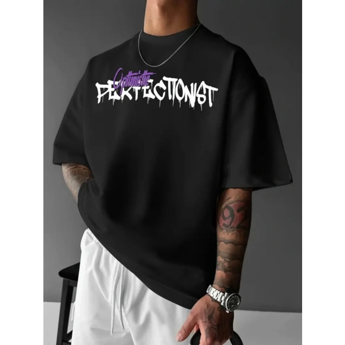 Baskılı Oversize Bisiklet Yaka T-shirt - Siyah
