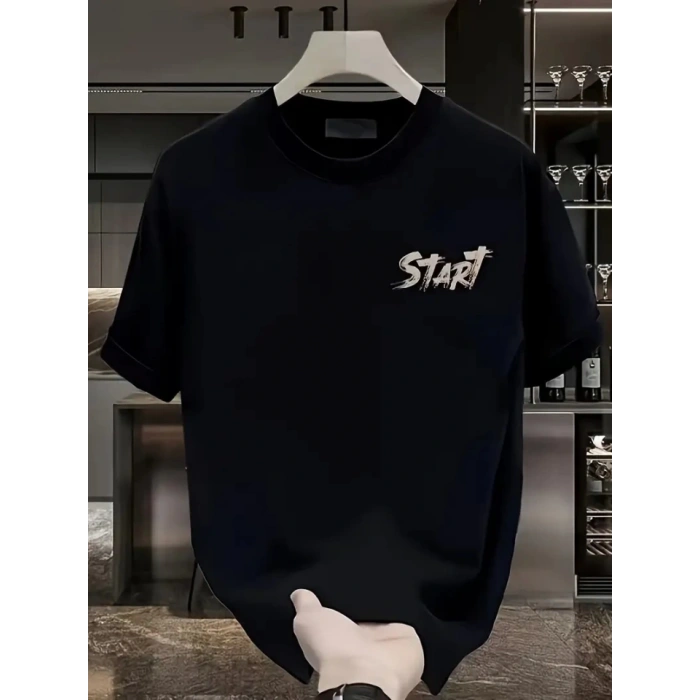 Baskılı Oversize Bisiklet Yaka T-shirt - Siyah