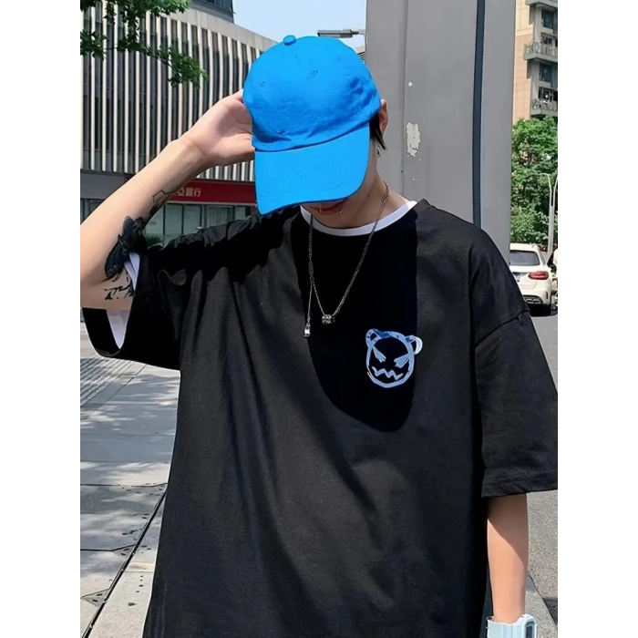 Baskılı Oversize Bisiklet Yaka T-shirt - Siyah
