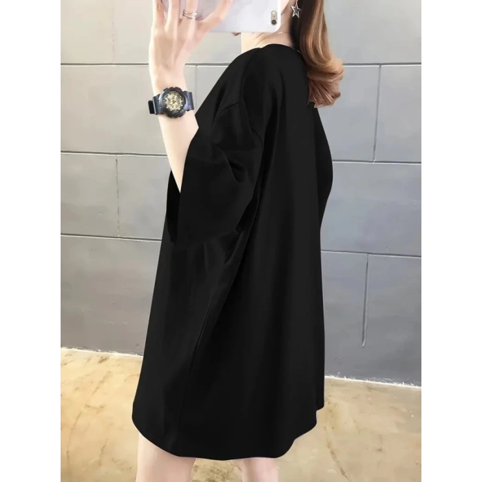 Baskılı Oversize Bisiklet Yaka T-shirt - Siyah