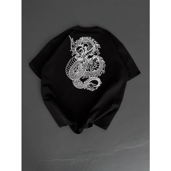 Baskılı Oversize Bisiklet Yaka T-shirt - Siyah