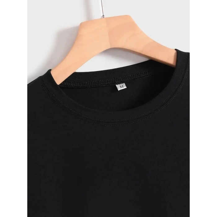 Baskılı Oversize Bisiklet Yaka T-shirt - Siyah