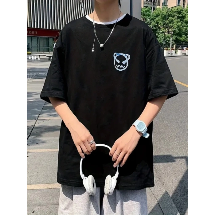 Baskılı Oversize Bisiklet Yaka T-shirt - Siyah