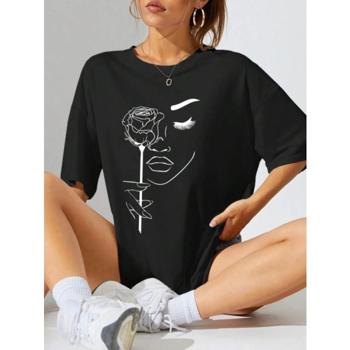 Baskılı Oversize T-shirt - Siyah