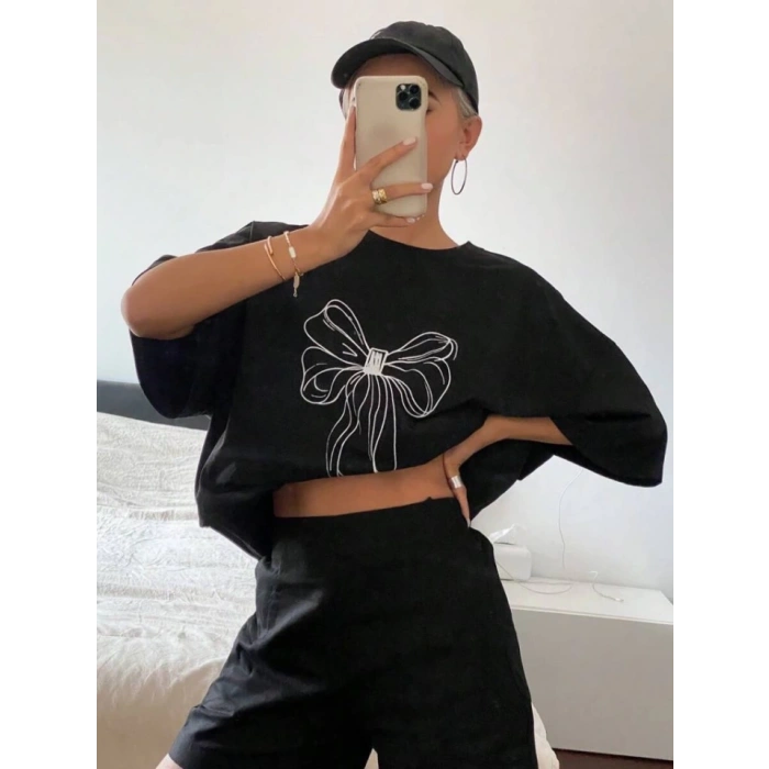 Baskılı Oversize T-shirt - Siyah