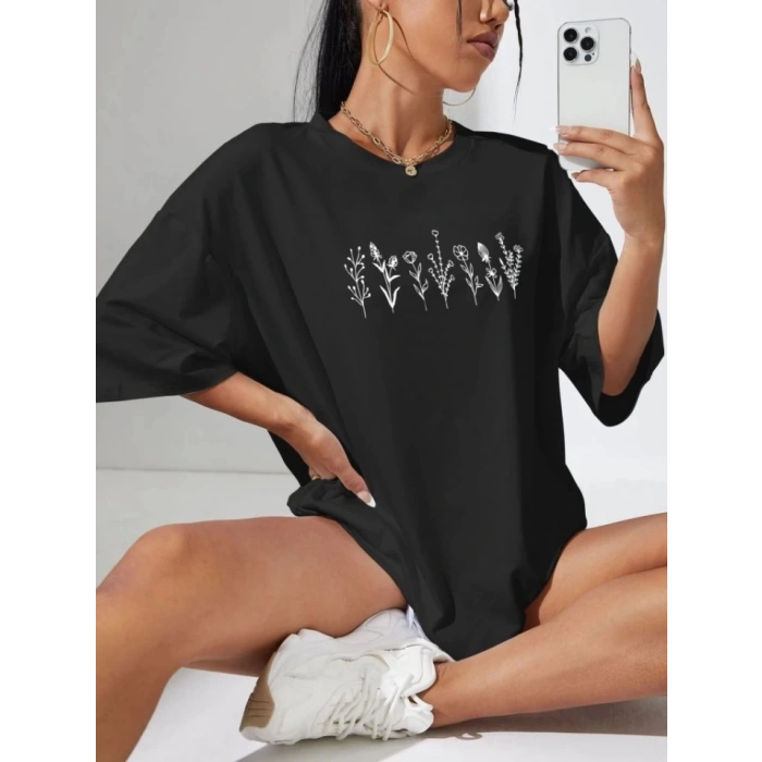 Baskılı Oversize T-shirt - Siyah