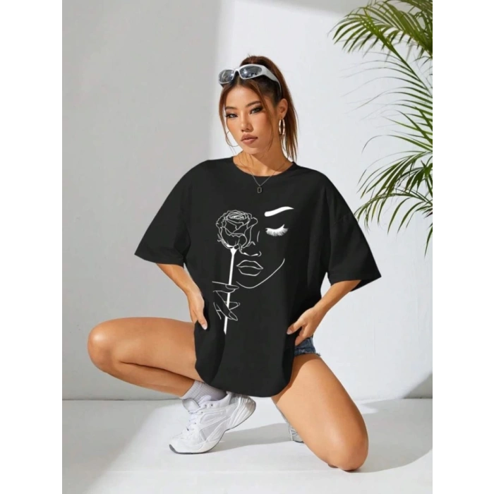 Baskılı Oversize T-shirt - Siyah