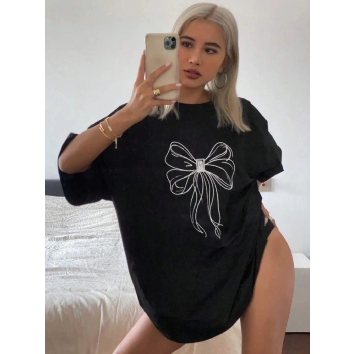 Baskılı Oversize T-shirt - Siyah